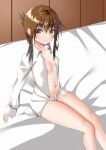  1girl amano_miyako bed bed_sheet breasts brown_eyes brown_hair folded_ponytail inazuma_(kancolle) light_smile long_hair midriff no_pants open_clothes open_shirt panties ribbon_panties shirt small_breasts thick_thighs thighs underwear white_panties white_shirt 