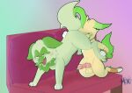  3_toes absurd_res anthro balls blush bodily_fluids claws cunnilingus dripping duo eeveelution erection feet female fur furniture generation_4_pokemon generation_9_pokemon genital_fluids genitals gradient_background green_body green_ears green_fur hi_res key_(fellnyanya) knot leafeon leg_markings legs_up looking_pleasured male male/female markings moxiepawler_(artist) nintendo open_mouth oral pawpads penis pink_pawpads pink_penis pokemon pokemon_(species) precum precum_drip sex simple_background socks_(marking) sofa sprigatito toes vaginal white_claws white_toes 