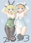  2023 2girls @_@ alice_in_cradle animal_ears animal_hat arm_up bangs bare_shoulders beret black_hairband black_pantyhose blonde_hair blue_background blush breasts character_request chinese_zodiac cleavage collarbone commentary_request covered_navel fake_animal_ears fang green_eyes green_leotard hairband hat highres holding_hands leotard long_hair looking_at_viewer medium_breasts multiple_girls open_mouth pantyhose rabbit_ears sekira_ame sidelocks simple_background small_breasts sweat thighband_pantyhose v-shaped_eyebrows wavy_mouth white_headwear white_leotard year_of_the_rabbit 