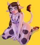  anthro bovid bovine bra breasts brown_hair cattle cleavage clothed clothing cloven_hooves collar cowprint_lingerie eyelashes female fur hair hi_res hooves legwear looking_at_viewer mammal millymay pink_nose simple_background smile solo stockings tail tail_tuft thigh_highs tuft underwear white_body white_fur yellow_background 