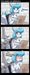  anthro areola balls biped blue_hair blush bodily_fluids book breasts comic cum cum_on_face dunewulff ejaculation female generation_4_pokemon genital_fluids genitals grey_areola grey_nipples hair hi_res humanoid_genitalia humanoid_penis mammal medium_breasts nintendo nipples pachirisu penis pokemon pokemon_(species) reading surprised_expression 