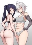  2girls abs absurdres ahoge ass black_bra black_hair black_panties blush bra breasts brown_eyes calvin_klein cleavage dana_zane grey_background grey_bra grey_hair grey_panties hands_on_hips highres jill_stingray katsuragi_nantoka long_hair mechanical_arms medium_breasts multiple_girls navel panties prosthesis prosthetic_arm red_eyes short_hair simple_background single_mechanical_arm small_breasts stomach thighs twintails underwear underwear_only va-11_hall-a 