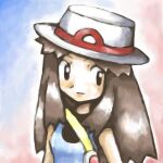  1girl black_eyes blue_background brown_hair closed_mouth english_commentary hat leaf_(pokemon) long_hair looking_to_the_side multicolored_background pink_background pokemon pokemon_(game) pokemon_frlg porkpie_hat sailorclef solo upper_body white_background white_headwear 