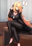  ! 1girl absurdres arm_behind_back black_coat blonde_hair breasts cleavage coat crossed_legs cynthia_(pokemon) desk foot_out_of_frame fur_collar fur_trim grey_eyes hair_ornament hair_over_one_eye hand_up highres large_breasts long_hair on_desk parted_lips pokemon pokemon_(game) pokemon_dppt sitting sitting_on_desk solo spoken_exclamation_mark taut_clothes taut_pants thighs very_long_hair zet_(twt_zet) 