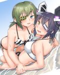  2girls all_fours animal_print bikini blue_hair breasts cleavage eyepatch green_eyes green_hair headgear highres kantai_collection kiso_(kancolle) large_breasts lying medium_breasts multiple_girls onguuchi purple_hair short_hair side-tie_bikini_bottom swimsuit tenryuu_(kancolle) tiger_print white_bikini yellow_eyes yuri 