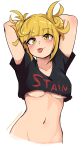  1girl absurdres arms_behind_head arms_up bangs black_shirt blonde_hair blunt_bangs blush boku_no_hero_academia bottomless breasts clothes_writing collarbone commentary covered_nipples dashi double_bun english_text groin hair_bun highres medium_breasts messy_hair navel no_bra out-of-frame_censoring shiny shiny_hair shirt short_sleeves simple_background solo toga_himiko tongue tongue_out underboob yellow_eyes 
