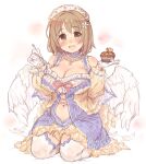  1girl 7010 :d angel_wings blush breasts brown_eyes brown_hair cake cleavage commentary_request flower food hair_flower hair_ornament holding holding_cake holding_food holding_spoon idolmaster idolmaster_cinderella_girls large_breasts looking_at_viewer mimura_kanako open_mouth short_hair sitting smile solo spoon thighhighs wariza white_background white_thighhighs white_wings wings 