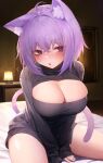  1girl absurdres animal_ears black_sweater breasts cat_ears cat_tail cleavage cleavage_cutout clothing_cutout highres hololive large_breasts meme_attire nanome_to nekomata_okayu open-chest_sweater purple_eyes purple_hair solo sweater tail virtual_youtuber 