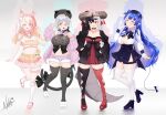  4girls ;d absurdres alice_cream bangs beret black_dress black_hair black_headwear black_thighhighs blonde_hair blue_eyes blue_footwear blue_hair breasts cat_tail cleavage dated dragon_girl dragon_horns dragon_tail dress full_body garter_straps glasses grey_hair hair_horns hair_ornament hands_in_pockets hat heart heterochromia high_heels highres hiiragi_emuri holly holly_hair_ornament horns indie_virtual_youtuber instrument large_breasts long_sleeves moon_(anntan) multicolored_hair multiple_girls mythic_live nako_ryu natch_imaycz navel one_eye_closed open_mouth pink_eyes pink_footwear pink_shorts pink_sweater plunging_neckline pointy_ears rabbit_hair_ornament red_dress red_eyes red_footwear round_eyewear shorts signature skirt smile socks split-color_hair standing standing_on_one_leg streaked_hair sweater tail thigh_strap thighhighs two-tone_dress two-tone_hair violin virtual_youtuber white_hair white_socks white_thighhighs yellow_skirt 