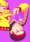  1boy absurdres artist_name blue_eyes book brown_hair dated facial_hair highres kani6850 long_sleeves lying male_focus nanba_mutta on_back purple_background shirt simple_background stubble track_suit uchuu_kyoudai upper_body yellow_shirt 