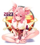  1girl 2023 absurdres animal_ear_fluff animal_ears bare_shoulders between_breasts breasts chinese_zodiac cleavage fingernails fur_trim grin hair_between_eyes highres hisayaki_kyuu indian_style japanese_clothes kimono large_breasts long_fingernails looking_at_viewer medium_hair new_year original pink_hair playboy_bunny rabbit_ears rabbit_tail red_eyes red_nails short_twintails sitting smile tail tassel twintails v_arms year_of_the_rabbit 
