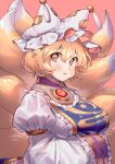  1girl 2023 :d animal_ears arms_under_breasts blonde_hair breasts dress fox_ears frills gold_trim hands_in_opposite_sleeves hat highres large_breasts long_sleeves looking_at_viewer masanaga_(tsukasa) pillow_hat short_hair smile solo tabard touhou upper_body white_dress white_headwear yakumo_ran 
