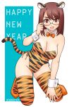  1girl adjusting_eyewear animal_ears animal_print bangs bare_shoulders bikini black-framed_eyewear bow bowtie breasts brown_hair chinese_zodiac cleavage collar commentary dated detached_sleeves full_body happy_new_year high_heels kneeling large_breasts leaning_to_the_side leotard long_hair looking_at_viewer medium_hair new_year open_mouth orange_bow orange_bowtie orange_footwear orange_leotard orange_thighhighs original playboy_bunny print_legwear print_leotard red_eyes side-tie_leotard smile solo strapless strapless_bikini swimsuit tail thighhighs tiger_ears tiger_girl tiger_print tiger_tail uona_telepin white_collar wing_collar wrist_cuffs year_of_the_tiger 