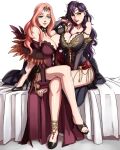  2girls absurdres arm_up bangs bare_shoulders bed_sheet belt between_legs black_dress black_hair blue_eyes blue_gemstone blush breast_press breasts cahryos circlet cleavage collarbone commission commissioner_upload cornelia_arnim detached_sleeves dress earrings elbow_gloves feather_trim feathers fire_emblem fire_emblem:_the_blazing_blade fire_emblem:_three_houses forehead_jewel fur_cuffs gem gloves gold_earrings gorget hair_lift high_heels highres huge_breasts jewelry key_necklace large_breasts legs_on_another&#039;s_lap lipstick long_hair looking_at_viewer makeup mature_female multiple_girls navel necklace non-web_source pink_hair plunging_neckline red_dress red_gemstone red_nails red_sash sash side_slit sitting smile sonia_(fire_emblem) tassel thighs white_background yellow_eyes 