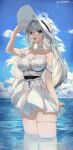  1girl absurdres ahoge bare_shoulders blue_eyes blue_sky breasts cleavage cloud cowboy_shot daeno dress frills hat highres large_breasts long_hair round_eyewear sky solo sun_hat thigh_strap very_long_hair water white_dress 