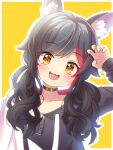  1girl :3 animal_ear_fluff animal_ears bangs belt_collar black_hair blush choker claw_pose collar copyright_name hand_up head_tilt highres hololive hood hoodie long_hair long_sleeves looking_at_viewer low_twintails mmmera827 multicolored_hair ookami_mio open_mouth red_hair smile solo streaked_hair twintails virtual_youtuber wolf_ears wolf_girl yellow_background yellow_eyes zipper_pull_tab 