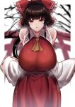  1girl :o ascot bare_shoulders bow breasts brown_hair collared_shirt detached_sleeves frilled_bow frilled_hair_tubes frilled_shirt_collar frills hair_bow hair_tubes hakama hakama_skirt hakurei_reimu highres huge_breasts japanese_clothes medium_hair ponytail red_bow red_eyes red_hakama red_shirt red_skirt ribbon-trimmed_sleeves ribbon_trim shirt sidelocks sinkai skirt skirt_set sleeveless sleeveless_shirt solo torii touhou white_sleeves wide_sleeves yellow_ascot 