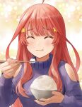  1girl ahoge bangs blush bowl chopsticks closed_eyes closed_mouth clothing_cutout eating go-toubun_no_hanayome hair_ornament highres holding holding_bowl holding_chopsticks ishiyuki long_hair long_sleeves nakano_itsuki purple_sweater red_hair rice rice_bowl shoulder_cutout smile solo star_(symbol) star_hair_ornament sweater turtleneck upper_body 