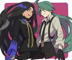  2girls ahoge androgynous black_gloves black_hair black_jacket black_necktie black_pants blue_eyes blue_gloves bright_pupils buttons closed_mouth collared_shirt dark-skinned_female dark_skin earrings eyelashes geeta_(pokemon) gloves green_hair grey_shirt jacket jewelry kuhu1212 long_hair long_sleeves multicolored_hair multiple_girls neck_ribbon necktie pants pokemon pokemon_(game) pokemon_sv ponytail red_eyes ribbon rika_(pokemon) shirt smile suspenders very_long_hair white_pupils yellow_ribbon 