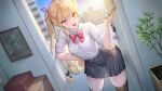  absurdres backpack bag bangs blonde_hair blue_skirt bow braid cellphone cityscape doorway dress_shirt fang hair_ribbon highres open_mouth original phone pleated_skirt red_bow red_eyes red_ribbon ribbon school_uniform shirt skirt thighhighs twintails white_shirt yjs0803123 