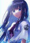  1girl absurdres bangs black_hair blue_eyes blunt_bangs capelet highres long_hair open_mouth school_uniform shiroganeyoru solo subarashiki_hibi takashima_zakuro 