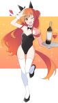  1girl alcohol animal_ears black_footwear black_leotard blush bottle cup detached_collar drinking_glass full_body heart highres holding holding_tray horse_ears horse_girl horse_tail leotard long_hair mayano_top_gun_(umamusume) nel-c one_eye_closed open_mouth orange_eyes orange_hair shoes smile solo strapless strapless_leotard tail thighhighs tray two_side_up umamusume white_thighhighs wine wine_bottle wine_glass wrist_cuffs 