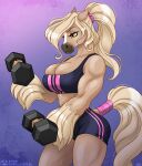  accessory anthro arm_tuft big_breasts blonde_hair bottomwear bra breasts cleavage clothed clothing dumbbell equid equine exercise eyelashes female fur gym_bottomwear gym_clothing gym_shorts hair hair_accessory hair_tie horse mammal muscular muscular_anthro muscular_female nim-nim ponytail shorts smile solo sports_bra tan_body tan_fur tuft underwear weightlifting weights workout wrist_tuft yellow_eyes 