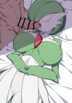  1boy 1girl bangs bar_censor bed_sheet bob_cut breasts breasts_apart censored closed_eyes collarbone colored_skin commentary_request covered_nipples cowboy_shot erection gardevoir green_hair green_skin groin hair_over_one_eye hand_on_own_stomach hetero highres huge_breasts interspecies kuro_mushi lying multicolored_skin navel on_back on_bed one_eye_covered open_mouth own_hands_together penis pillow pokemon pokemon_(creature) pussy shiny shiny_hair short_hair sleep_molestation solo_focus standing two-tone_skin u_u uncensored white_skin 