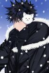  1boy animal_earmuffs bangs black_coat black_gloves black_hair black_jacket coat commentary earmuffs eyelashes fur-trimmed_coat fur_trim fushiguro_megumi fushirun_rung gloves green_eyes high_collar highres hooded_coat jacket jujutsu_kaisen long_sleeves looking_to_the_side male_focus open_clothes outdoors short_hair snow snowing solo spiked_hair symbol-only_commentary winter winter_clothes 