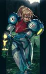  1girl arm_cannon armor blonde_hair blue_eyes furrowed_brow headwear_removed helmet helmet_removed highres kornart looking_ahead metroid metroid_dread power_armor power_suit_(metroid) samus_aran shoulder_armor wading water weapon 