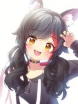  1girl :3 animal_ear_fluff animal_ears bangs belt_collar black_hair blush choker claw_pose collar copyright_name hand_up head_tilt highres hololive hood hoodie long_hair long_sleeves looking_at_viewer low_twintails mmmera827 multicolored_hair ookami_mio open_mouth red_hair smile solo streaked_hair twintails virtual_youtuber wolf_ears wolf_girl yellow_eyes zipper_pull_tab 