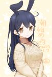  ahoge alternate_costume animal_ears black_hair brown_eyes brown_sweater commentary_request dated fake_animal_ears highres kantai_collection kori_inu_(aminkurara) long_hair looking_at_viewer rabbit_ears smile sweater translation_request ushio_(kancolle) v_arms 