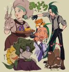  1boy 3girls :d ahoge ascot bangs black_gloves black_hair black_necktie black_pants brassius_(pokemon) brown_footwear brown_skirt buttons clenched_hand closed_mouth commentary dugtrio fingerless_gloves frown gloves green_hair grey_shirt hand_up hat heart highres holding holding_tongs holding_tray jacket jinkichi katy_(pokemon) long_hair multiple_girls necktie nemona_(pokemon) on_head open_mouth pants pawmi pokemon pokemon_(creature) pokemon_(game) pokemon_on_head pokemon_sm ponytail rika_(pokemon) shirt shoes short_hair short_sleeves skirt smile sunflora suspenders symbol-only_commentary teeth tray venonat 