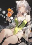  1girl alternate_costume animal_ears arknights bandaid bangs bare_shoulders blush breasts cat_ears cup detached_collar drinking_glass drinking_straw food fruit green_eyes green_nails grey_hair highres holding holding_cup jacket kal&#039;tsit_(arknights) kuroduki_(pieat) lemon lemon_slice parted_lips see-through see-through_jacket short_hair solo swimsuit 