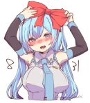  1girl armpits bangs blue_eyes blue_hair blue_necktie bow breasts detached_sleeves hair_bow hatsune_miku kusoyuridanchi large_breasts long_hair looking_at_viewer necktie red_bow simple_background solo twitter_username upper_body vocaloid white_background 