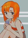  1girl arm_rest bangs bare_arms bare_shoulders black_eyes blue_background blunt_ends can casual closed_mouth drink film_grain from_side hands_up higurashi_no_naku_koro_ni holding holding_can holding_drink io_(onisarashi) knees_to_chest knees_up light_smile looking_at_viewer looking_to_the_side muted_color orange_hair parted_bangs pocari_sweat product_placement ryuuguu_rena shirt_tucked_in short_hair sitting sleeveless solo striped striped_background striped_tank_top tank_top tareme 