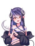  1girl 774_inc. :d absurdres bangs belt black_bandeau black_belt black_hair black_jacket blue_belt blue_hair blush breasts chest_belt cleavage commentary_request curled_horns demon_girl demon_horns demon_tail grey_horns hair_between_eyes hebiyoi_tier highres horns jacket long_hair long_sleeves looking_at_viewer multicolored_hair navel off_shoulder open_mouth pointy_ears simple_background smile snake_bite solo steepled_fingers sugar_lyric tail two-tone_hair underboob upper_body virtual_youtuber white_background yomusu 