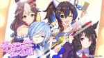  4girls ;d animal_ears bare_shoulders black_hair blue_hair blue_shirt blush bow brown_hair choker copyright daiichi_ruby_(umamusume) daitaku_helios_(umamusume) detached_sleeves drill_hair ear_covers fang flower gyaru hair_bow hair_flower hair_ornament hair_scrunchie hairclip highres holding_hair_brush horse_ears horse_girl k.s.miracle_(umamusume) long_hair looking_at_viewer low_twintails mirror_image multicolored_hair multiple_girls official_art one_eye_closed purple_eyes red_bow red_choker red_scrunchie scrunchie shirt short_hair side_ponytail smile streaked_hair twin_drills twintails two-tone_hair umamusume upper_body yamanin_zephyr_(umamusume) yellow_eyes 