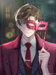  1boy artem_wing_(tears_of_themis) bangs blue_eyes blue_vest brown_hair closed_mouth collared_shirt formal highres holding holding_mask jacket looking_at_viewer male_focus mask muart0113 necktie night night_sky outdoors red_jacket red_necktie shirt short_hair sky smile solo tears_of_themis upper_body vest white_shirt 