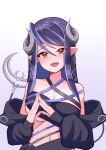  1girl 774_inc. :d absurdres bangs belt black_bandeau black_belt black_hair black_jacket blue_belt blue_hair blush breasts chest_belt cleavage commentary_request curled_horns demon_girl demon_horns demon_tail gradient gradient_background grey_horns hair_between_eyes hebiyoi_tier highres horns jacket long_hair long_sleeves looking_at_viewer multicolored_hair navel off_shoulder open_mouth pink_background pointy_ears smile snake_bite solo steepled_fingers sugar_lyric tail two-tone_hair underboob upper_body virtual_youtuber yomusu 