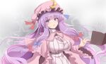  1girl :o blush book bow breasts capelet dress floating floating_book floating_object hair_bow hat large_breasts long_hair looking_at_viewer mob_cap namiki_(remiter00) patchouli_knowledge pink_capelet purple_eyes purple_hair sidelocks solo star_(symbol) striped striped_dress taut_clothes taut_dress touhou vertical-striped_dress vertical_stripes very_long_hair 