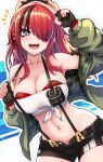  1girl :d arm_up bandeau bangs bare_shoulders black_gloves black_hair black_shorts breasts cleavage collarbone cowboy_shot gloves green_jacket hair_over_one_eye highres jacket lain_paterson large_breasts long_hair long_sleeves looking_at_viewer midriff multicolored_hair navel nijisanji off_shoulder open_clothes open_jacket open_mouth poifuru pouch purple_eyes red_hair short_shorts shorts smile solo standing stomach strapless streaked_hair suspenders tube_top v 