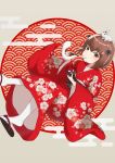  1girl animal_on_head bowl brown_eyes brown_hair cherry_blossoms chinese_zodiac chopsticks eating egasumi floral_print flower food furisode hair_flower hair_ornament highres holding holding_bowl holding_chopsticks japanese_clothes kantai_collection kimono mochi new_year obi on_head print_kimono rabbit red_kimono sash short_hair socks solo speaking_tube_headset tabi white_socks wide_sleeves year_of_the_rabbit yuki_4040 yukikaze_(kancolle) yukikaze_kai_ni_(kancolle) zouri 