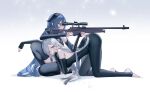  2girls absurdres aiming all_fours artist_name black_thighhighs blue_hair bodystocking bolt_action commentary curled_horns detached_sleeves english_commentary from_side full_body ganyu_(genshin_impact) genshin_impact gradient gradient_background grey_eyes grey_hair gun highres holding holding_gun holding_weapon horns long_hair long_sleeves looking_at_viewer looking_to_the_side multiple_girls no_shoes one_eye_closed optical_sight red_eyes rifle ringeko-chan shenhe_(genshin_impact) simple_background sleeves_past_wrists sniper_rifle stirrup_legwear sv-98 thighhighs toeless_legwear very_long_hair weapon 