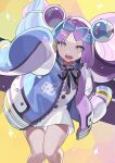  1girl alternate_color black_ribbon blue_hair bow-shaped_hair character_hair_ornament commentary_request cosplay falken_(yutozin) hair_ornament highres iono_(pokemon) jacket long_hair looking_at_viewer multicolored_hair one_piece pokemon pokemon_(game) pokemon_sv purple_eyes purple_hair ribbon sharp_teeth sleeves_past_fingers sleeves_past_wrists solo teeth thighs two-tone_hair uta_(one_piece) uta_(one_piece)_(cosplay) 