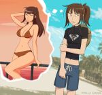  1girl artist_name bangs beach bikini black_eyes blue_swim_trunks breasts brown_bikini brown_hair commentary english_commentary freckles hat_on_back highres hitsuji_(hitsujigoods) imagining kara_eklund large_breasts male_swimwear navel neet_girl_date_night parted_lips ponytail railing shirt small_breasts swim_trunks swimsuit t-shirt 