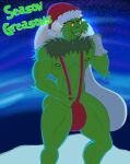  2022 anthro big_bulge big_penis blue_sky bulge canid canine christmas christmas_clothing christmas_headwear clothing costume digital_media_(artwork) dr._seuss duo eyebrows eyelashes feral fur genitals green_body green_fur grinch hat headgear headwear hi_res holidays how_the_grinch_stole_christmas! humanoid looking_back male mammal max_(the_grinch) mistletoe mountain muscular muscular_male nipples open_mouth pecs penis plant red_eyes rougetenjoname santa_costume santa_hat sky snow solo text thick_eyebrows thick_eyelashes thick_thighs yellow_sclera 