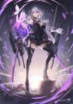  1girl breasts choker cleavage_cutout clothing_cutout dress dual_wielding flower harness high_heels highres holding holding_sword holding_weapon jacket large_breasts mecha_musume original purple_eyes science_fiction short_hair solo standing sword t-track thighhighs weapon white_hair 