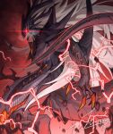  claws commentary duel_monster electricity glowing glowing_eye highres horns jin_(sirius-j) long_hair looking_back monster no_humans red_eyes sharp_teeth signature tail teeth white_hair yu-gi-oh! 