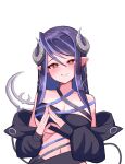  1girl 774_inc. :q absurdres bangs belt black_bandeau black_belt black_hair black_jacket blue_belt blue_hair blush breasts chest_belt cleavage closed_mouth commentary_request curled_horns demon_girl demon_horns demon_tail grey_horns hair_between_eyes heart heart-shaped_pupils hebiyoi_tier highres horns jacket long_hair long_sleeves looking_at_viewer multicolored_hair navel off_shoulder pointy_ears simple_background smile snake_bite solo steepled_fingers sugar_lyric symbol-shaped_pupils tail tongue tongue_out two-tone_hair underboob upper_body virtual_youtuber white_background yomusu 